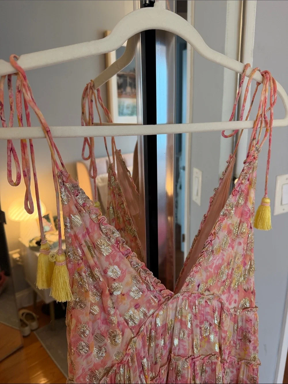 Pink Shimmer Floral Tie-Shoulder Sundress with Yellow Tassels